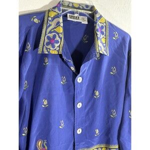 Chicos Design 100% Silk Blue Peacock Design Button Blouse 3/4 Sleeve Sz 2 (L-12)